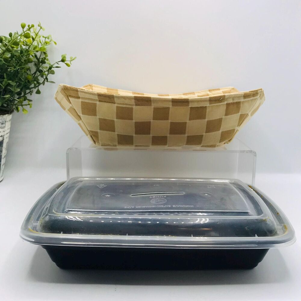 Microwave Takeout Container Cozy: Reversible Checkers Neutral Print Cottage Core